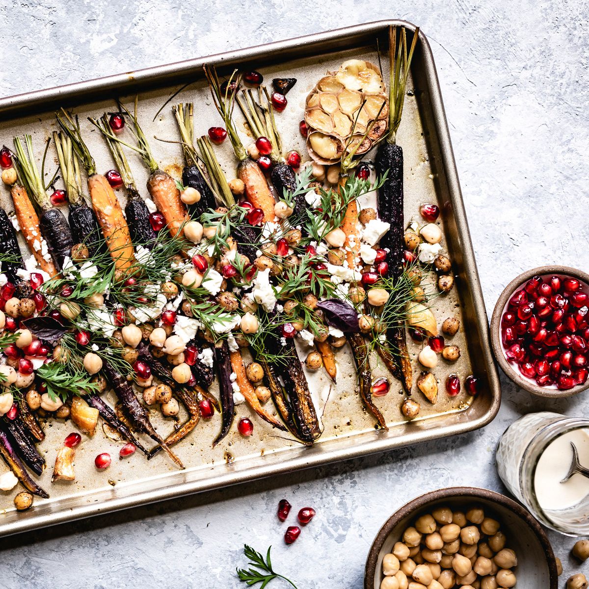 Roasted Dutch Carrots with Pomegranate, Chickpeas and Feta