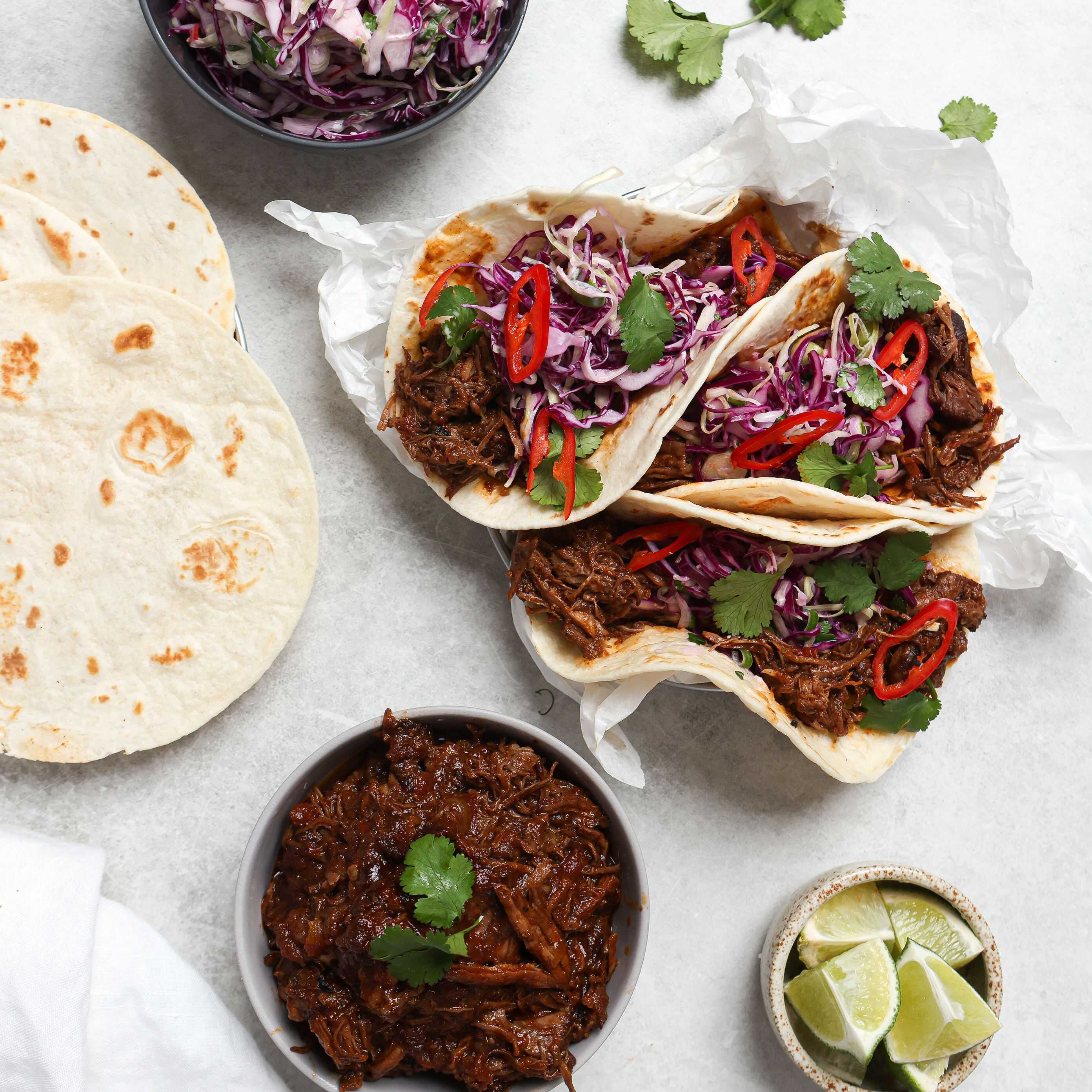 Slow cooked beef tacos with slaw 