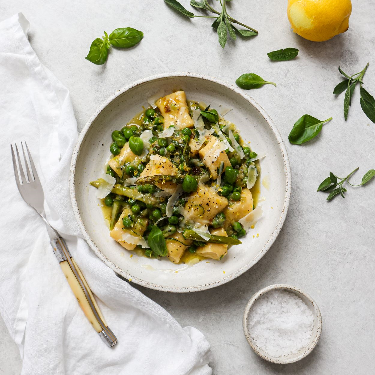 Ricotta gnocchi with spring vegetables in a burnt butter sauce